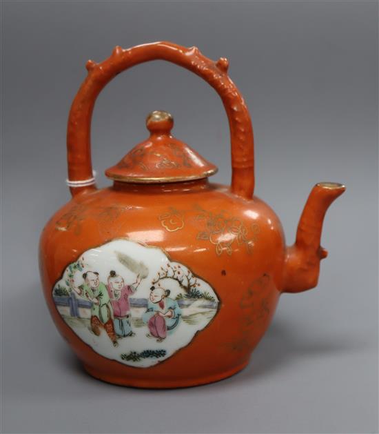 A Chinese coral ground famille rose teapot, late 19th century, H. 13cm